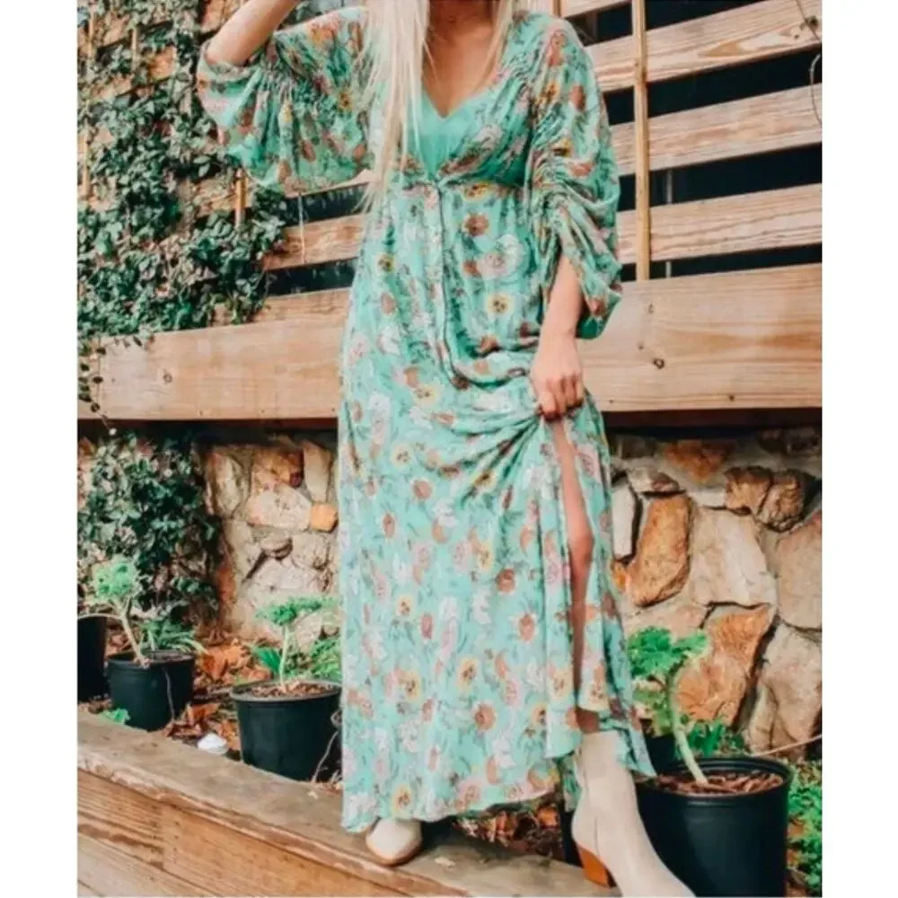 Free People Small Green Floral Boho Maxi Dress